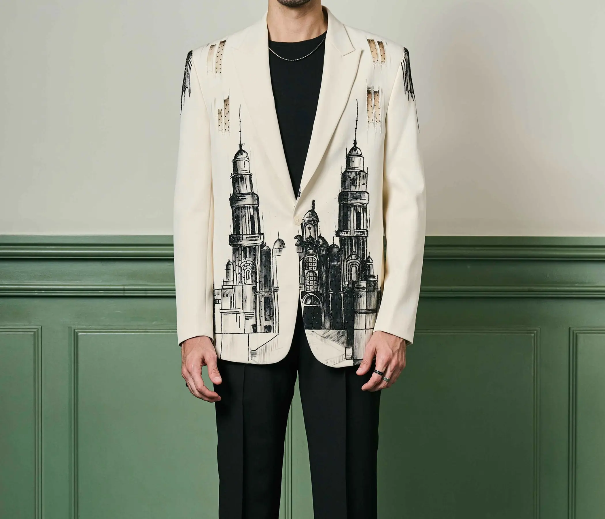 Aditya Seal Celebrity Collection – Hand Painted Ivory Architectural Art Blazer